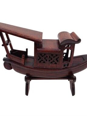 Vintage Chinese Carved Rosewood Boat on Stand, 5 1/2" L